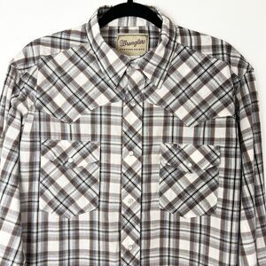 Wrangler Vintage Pearl Snap Shirt Long Sleeve Plaid Brown Cream Black Men’s L